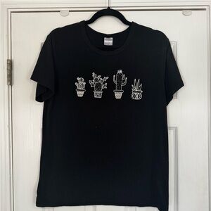 Black T-Shirt with White Cactus Print